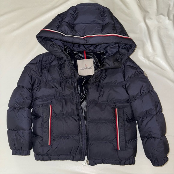 100% Authentic Moncler Dark Blue Hooded Jacket with Red and White Trim - Picture 1 of 11